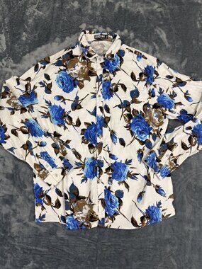 Zeroyaa Mens White & Blue Floral Rose Button-Up Long Sleeve Shirt XXXL
